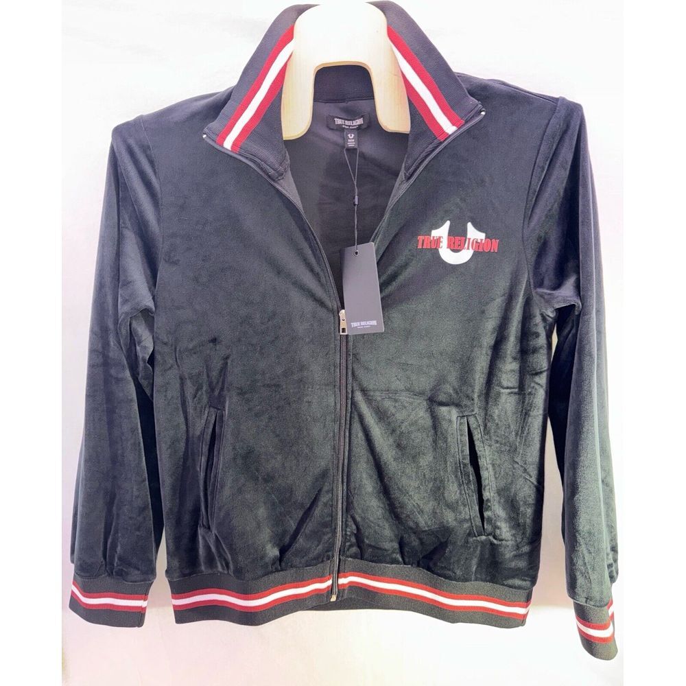 True Religion Black Bomber Jacket with Red and White Accents
